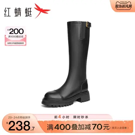 红蜻蜓女鞋时尚长筒靴春秋新款百搭复古靴子小个子厚底显瘦骑士靴商品大图