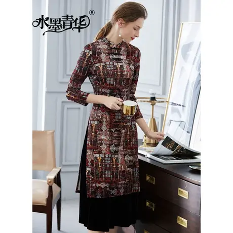 【1件7.9折】冬装新品简约百搭修身收腰大摆锦棉罗马印花连衣裙商品大图