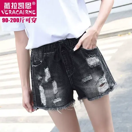 黑牛仔短裤女夏胖MM破洞宽松200斤松紧腰阔腿热裤显瘦毛边休闲裤商品大图