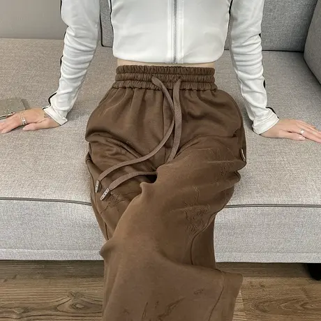 美式印花咖色阔腿裤女秋季2024年新款高腰宽松直筒抽绳休闲运动裤商品大图