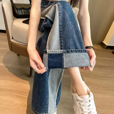 撞色牛仔裤女2024年春秋季新款拼接显瘦高腰宽松直筒拖地阔腿裤子商品大图