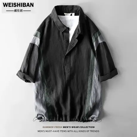 日系拼接宽松亚麻短袖衬衫男夏季复古套头五分袖衬衣麻料撞色上衣商品大图