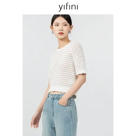 Yifini/易菲短款5分袖针织衫女春秋新款镂空钩花套头罩衫小衫商品大图