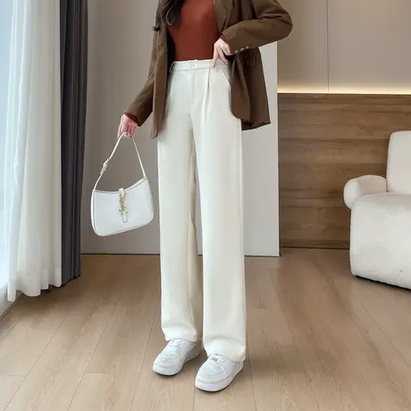 裤子女秋冬阔腿裤高腰显瘦杏色休闲裤垂感小个子大码毛呢直筒女裤图片