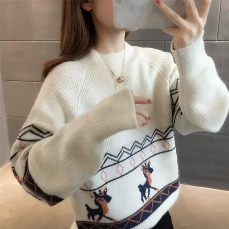 2023年秋冬新款韩版宽松针织打底衫提花上衣洋气时尚百搭毛衣内搭商品大图
