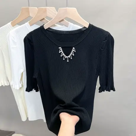 圆领冰丝针织衫女2023春夏秋新款修身打底衫薄款上衣中袖t恤衫潮商品大图