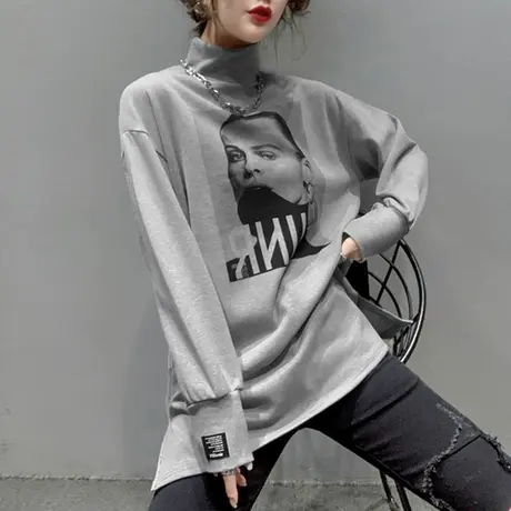 加绒加厚打底衫女秋冬半高领中长款T恤女长袖宽松百搭洋气上衣潮商品大图