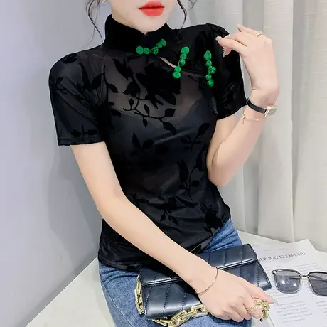 2024夏季新款性感网纱T恤女短袖设计感植绒印花上衣复古盘扣小衫图片