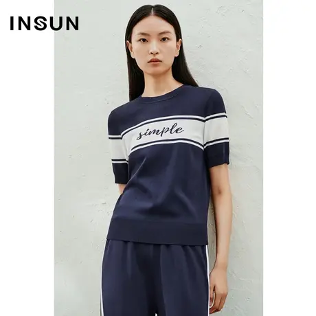 INSUN恩裳线上专选夏季撞色字母套头冰丝针织衫商品大图
