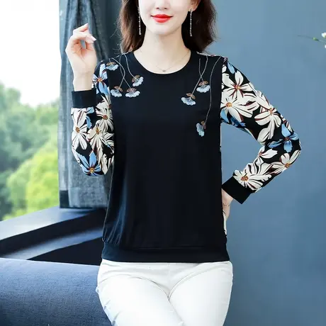 秋装长袖打底衫女2023新款漂亮印花时尚减龄妈妈装宽松T恤女上衣商品大图