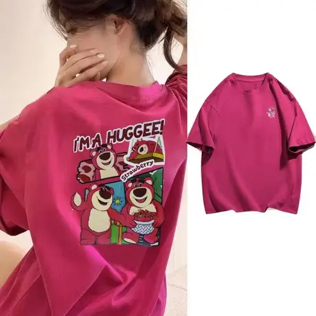 火龙果色趣味草莓熊印花短袖t恤女纯棉奶甜系宽松chic上衣夏季ins图片