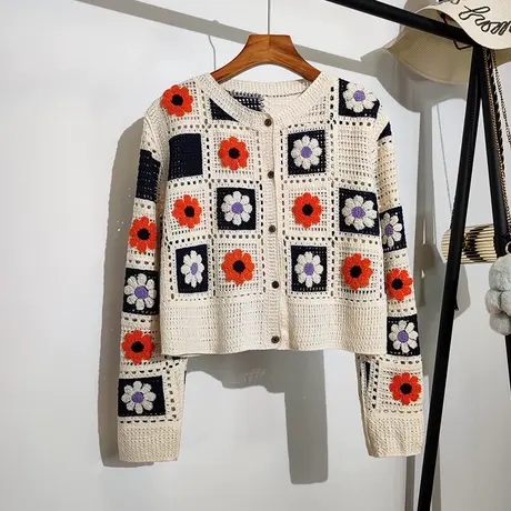 钩花镂空针织开衫女春夏新款日系甜美刺绣花朵设计感小众上衣外套商品大图