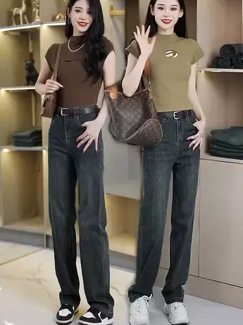 新款复古阔腿牛仔裤2023秋季新款高腰显瘦复古弹力百搭拖地直筒裤图片