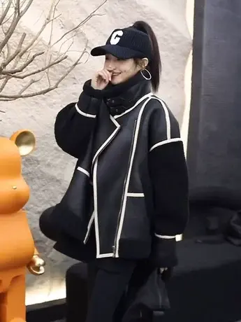 皮毛一体麂皮绒机车服短款高级感加厚冬季小香风外套网红羊羔毛女商品大图