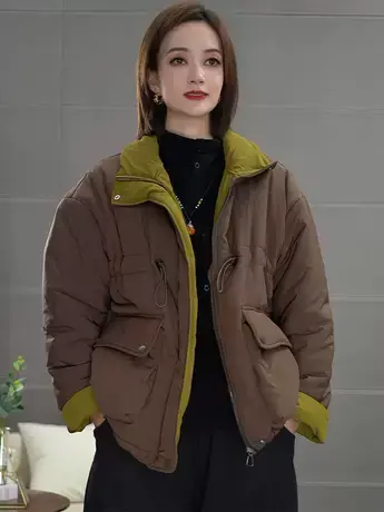 韩版撞色收腰棉衣外套女立领2023冬季新款宽松显瘦立领棉服上衣潮商品大图