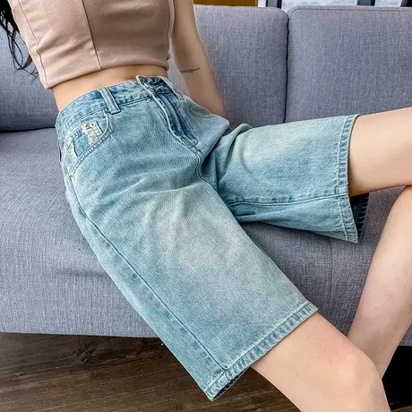 美式复古牛仔短裤女夏季薄款小个子直筒高腰显瘦宽松阔腿五分裤子图片