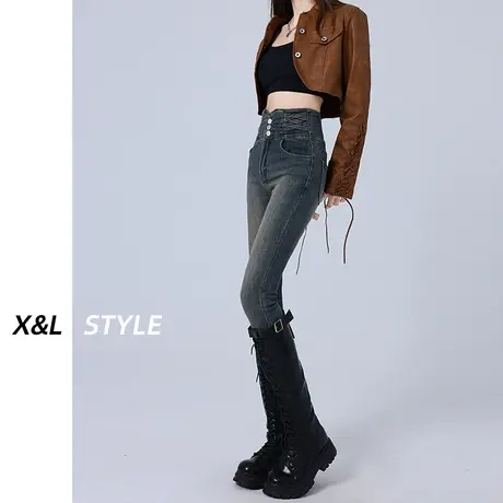 高腰紧身牛仔裤女加绒2023冬季新款弹力修身小脚设计感显瘦铅笔裤图片