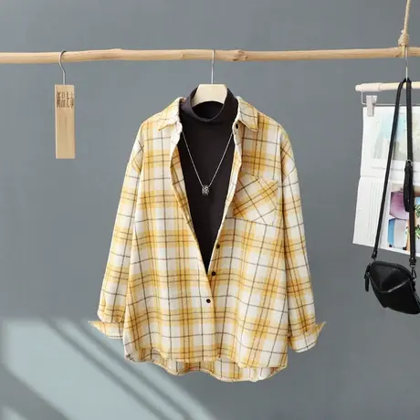 冬装新款2024磨毛加厚格子衬衫女长袖中长款外套衬衣外搭叠穿上衣商品大图