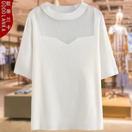 2023夏季新款妈妈短袖针织上衣加肥加大码女弹力显瘦网纱拼接T恤商品大图