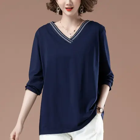 长袖t恤女春秋薄款加肥加大码女装宽松中年妈妈纯棉V领显瘦打底衫商品大图
