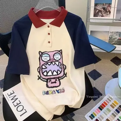 纯棉正肩polo衫短袖t恤女夏季宽松半袖设计感小众美式复古上衣服商品大图