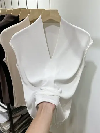 欧货螺纹时尚v领短袖T恤女2022春夏新款宽松半袖打底衫上衣ins潮商品大图