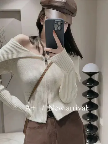欧洲站2023秋季新款 极简慵懒风甜辣露肩一字领羊毛毛衣针织衫女图片