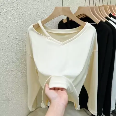 V领德绒保暖内搭打底衫女2023新款秋冬装宽松显瘦磨毛加厚长袖T恤商品大图