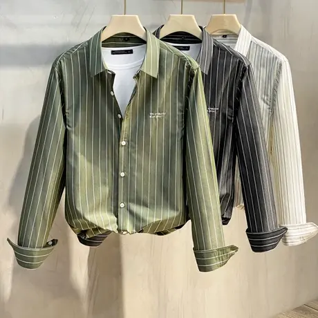 春秋季轻奢条纹衬衫潮男长袖高级感修身潮流男士商务休闲刺绣衬衣商品大图