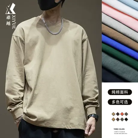 希越春秋浅咖色长袖T恤男精梳棉重磅圆领男装宽松大码男士打底衫商品大图