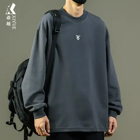 希越重磅圆领长袖T恤男秋冬季内搭打底衫宽松大码纯色绣花百搭t恤商品大图