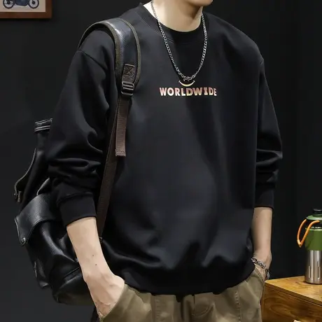 潮牌卫衣男春秋款圆领男款重磅衣服春季2024新款长袖大码前后印花商品大图