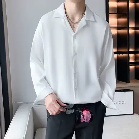 夏季古巴领冰丝垂感衬衫男高级感宽松长袖衬衣轻熟风薄款中袖寸衫图片