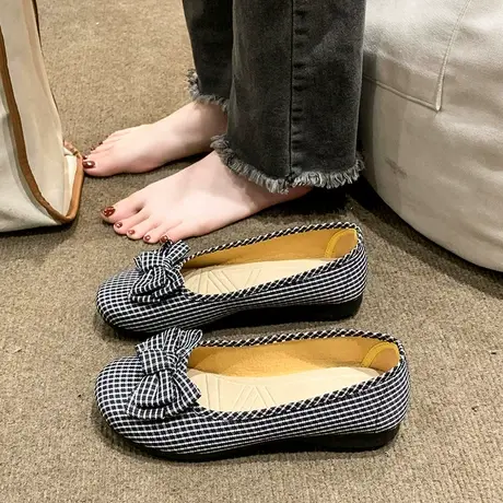 春季新款老北京布鞋女黑色工作鞋格子布面鞋蝴蝶结豆豆鞋软底防滑图片