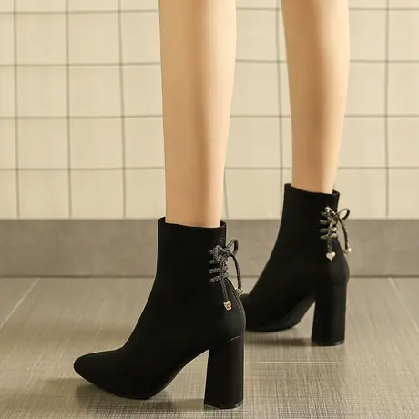 2023年冬季新款短靴高跟女鞋马丁靴子瘦瘦袜靴女粗跟百搭春秋单靴商品大图