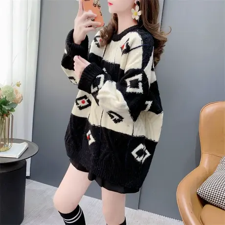 宽松慵懒风加厚拼色圆领毛衣女套头2023年新款秋冬洋气打底针织衫图片