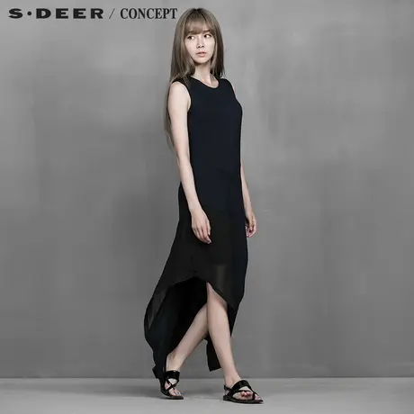 sdeer圣迪奥专柜正品女装夏装黑纱拼接双层斜摆无袖连衣裙5281247图片