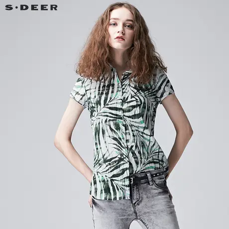 s.deer【商场同款】圣迪奥绿意抽象印花短袖圆摆衬衫S17280458图片