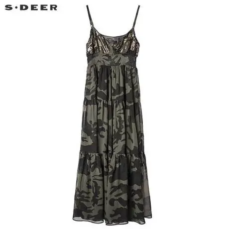 【新品】sdeer圣迪奥变奏迷彩印花闪亮珠片高腰连衣裙S17281239图片