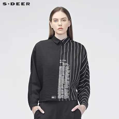sdeer圣迪奥2019秋翻领条纹拼接字母暗门襟蝙蝠袖衬衫S19160504图片
