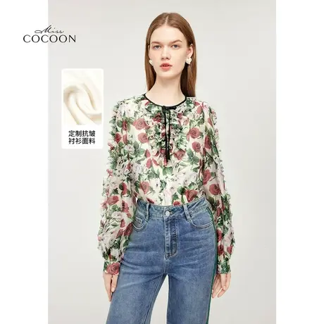 【赠吊带】missCOCOON玫瑰印花雪纺衫女2023秋季新款圆领别致小衫商品大图