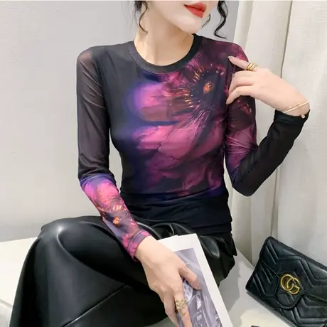 时尚气质圆领打底衫长袖网纱晕染印花内塔减龄上衣女修身显瘦T恤商品大图
