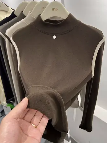 设计感拼色加薄绒加厚软糯长袖T恤女2023秋冬新款洋气打底衫上衣商品大图