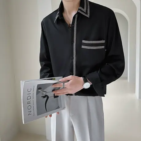 条纹翻领长袖衬衫男秋季高级感商务潮流个性休闲衬衣男装上衣痞帅商品大图