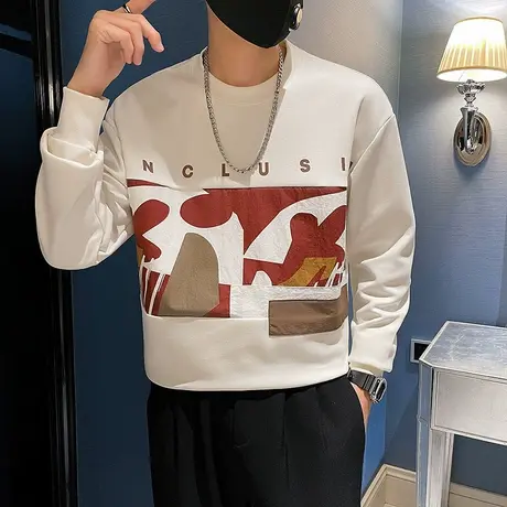 圆领卫衣男春秋季2023新款痞帅潮牌拼接设计上衣百搭INS长袖t恤衫商品大图
