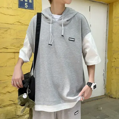 假两件拼接短袖t恤男薄款外套连帽夏季潮牌韩版港风宽松五分半袖T图片