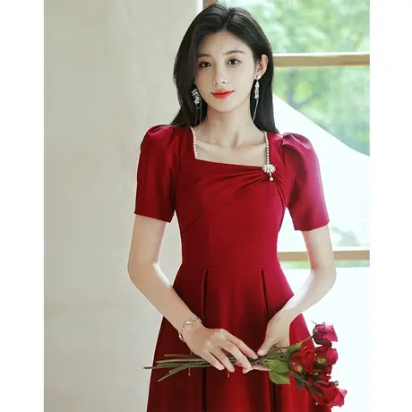 敬酒服新娘夏季小个子订婚礼服连衣裙平时可穿女回门方领缎面钉珠商品大图