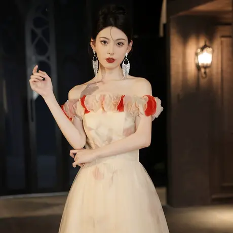 晚礼服女高级感香槟色一字肩宴会轻奢主持人法式仙女伴娘服连衣裙图片