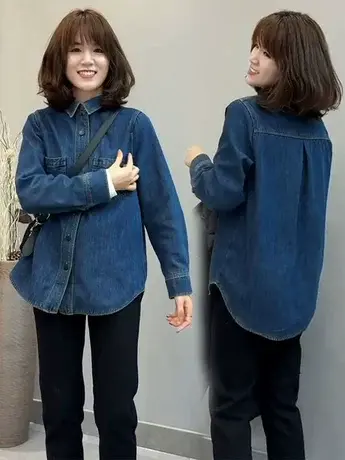 蓝色复古加绒牛仔衬衫女秋冬独特别致高级感加厚叠穿衬衣外套上衣图片