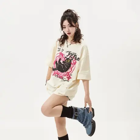 YEP卡通印花短袖t恤女2025年春夏新款潮牌情侣装宽松oversize上衣图片